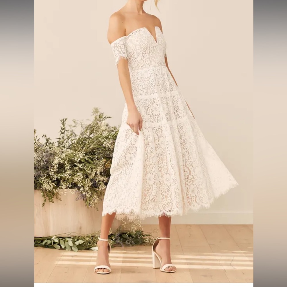 Off-Shoulder White Lace Midi Dress
